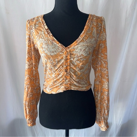 Free People Orange Patterned Ruched Blouse - Picture 3 of 10